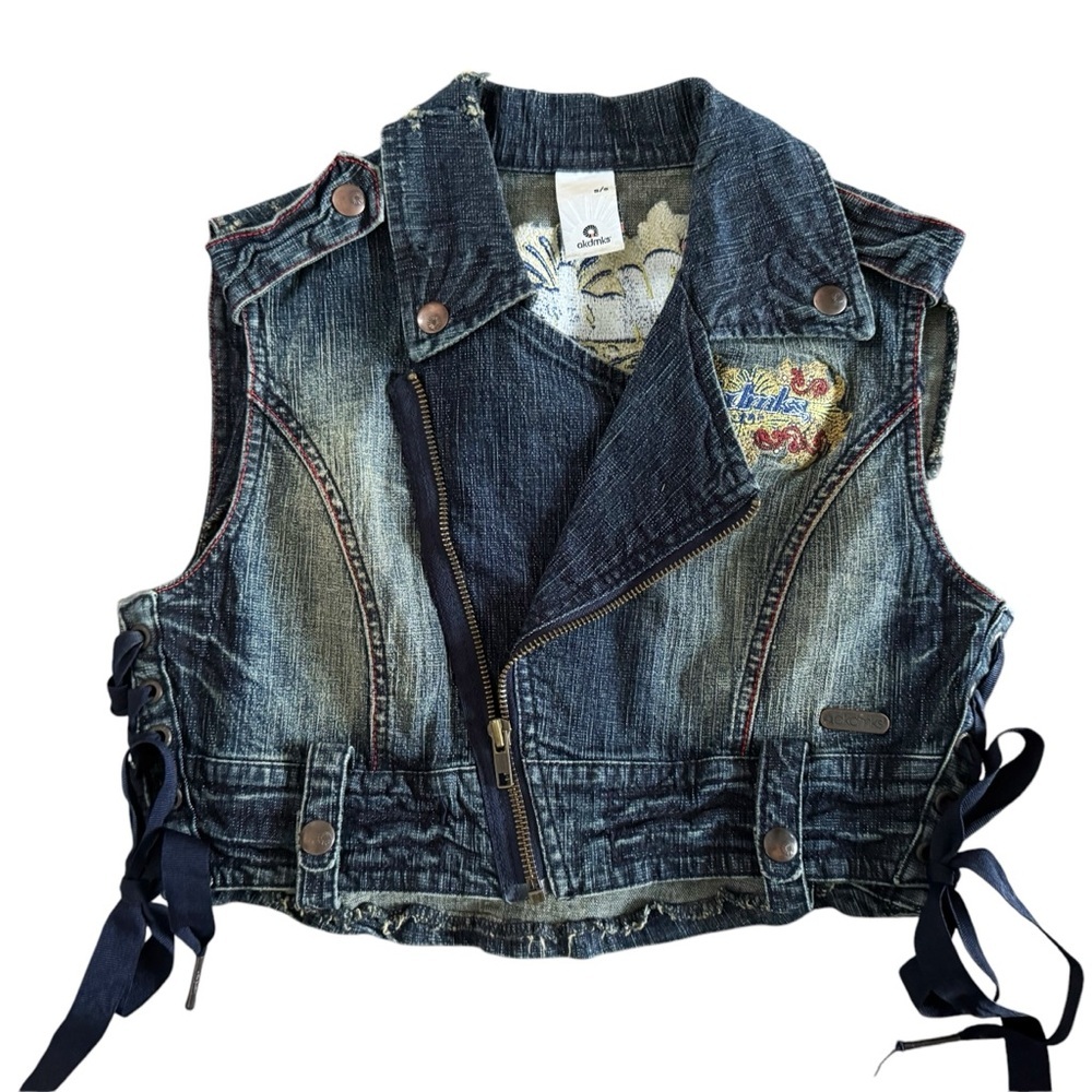 Streetwear Denim Vest crop Embroidered zipper Akdmks S‎ lace up Akademik's 947